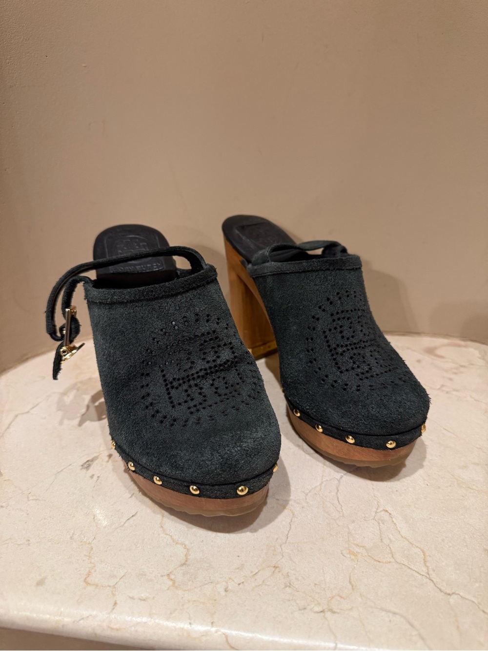 Tory Burch Black Suede Studded Wooden Platform Mules